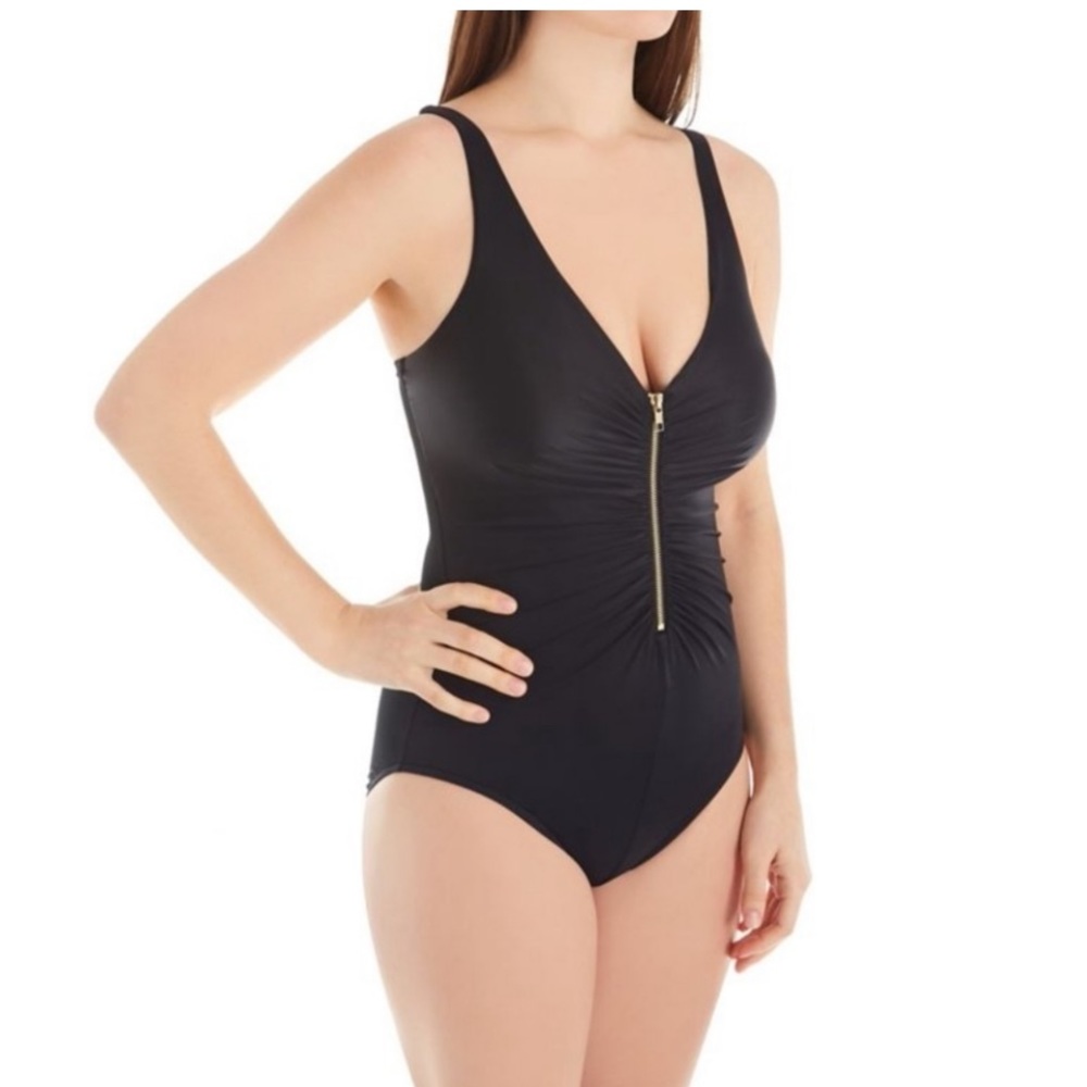 Sexy Black Trim Shaper Zip Up One Piece Swimsuit